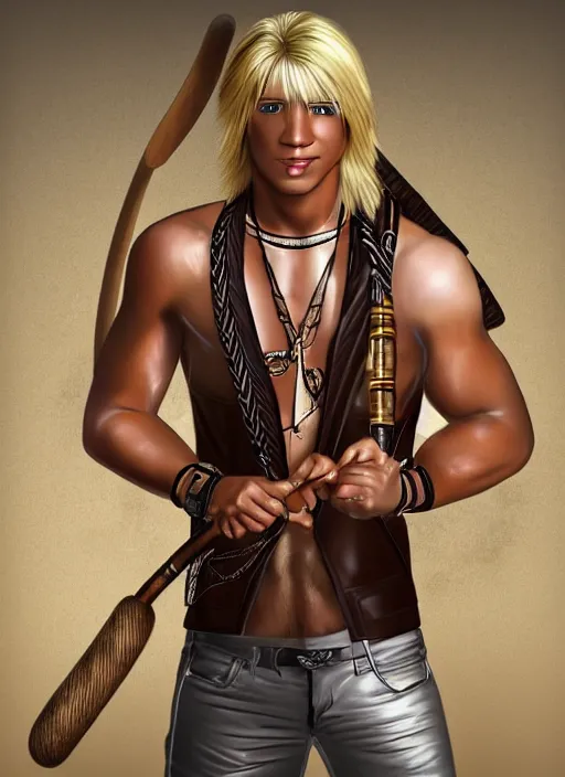 Image similar to a male ranger with a bongo drum and holding nunchaku, wearing a leather vest and white linen pants, chiseled good looks, long swept back blond hair, puka shell necklace, dnd, digital art