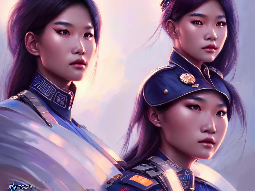 Prompt: portrait futuristic vietnam police uniform girl, at future neon light rooftop, ssci - fi and fantasy, intricate and very very beautiful and elegant, highly detailed, digital painting, artstation, concept art, smooth and sharp focus, illustration, art by tan zi and ayanamikodon and alphonse mucha and wlop