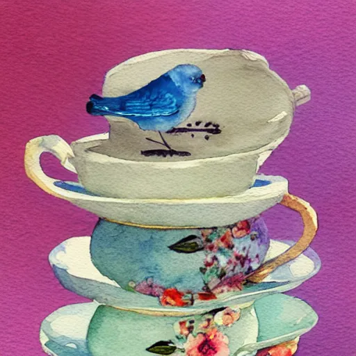 Image similar to a bird sitting on top of a stack of tea cups, a watercolor painting by annabel kidston, shutterstock contest winner, pop surrealism, whimsical, detailed painting, storybook illustration