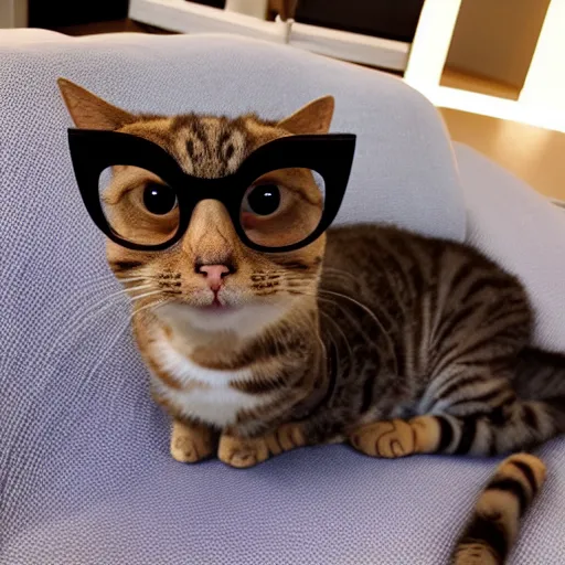 Prompt: a cat wearing glasses talking about buissness