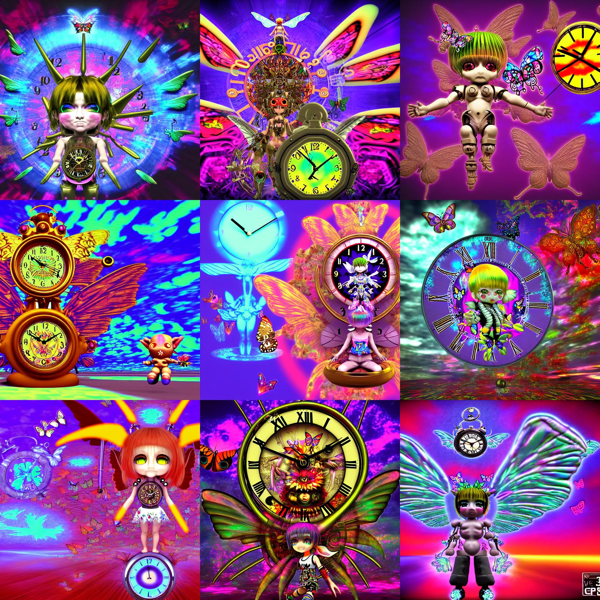 Prompt: 3 d render of chibi clock cyborg demon with angel wings against a psychedelic surreal background with 3 d butterflies and 3 d flowers n the style of 1 9 9 0's cg graphics lsd dream emulator psx graphics 3 d rendered y 2 k aesthetic by ichiro tanida, 3 do magazine, wide shot