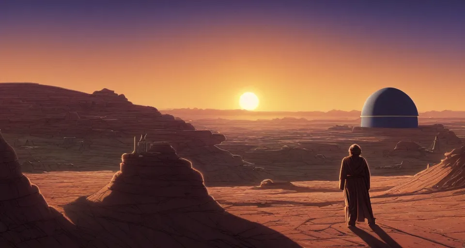 Image similar to beautiful wide shot tatooine landscape, Luke skywalker sunset, dome, Star Wars a new hope 1977, studio ghibli, Miyazaki, Greg rutkowski, Alphonse mucha, Moebius , animation, golden hour, highly detailed, hdr, vivid color, 70mm