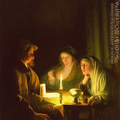 Prompt: The evocative candlelit night scenes of Dutch Romantic painter Petrus van Schendel (1806-1870)