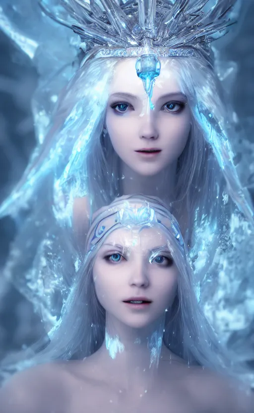 Image similar to ice goddess with beautiful face with a glowing blue crystal on her forehead, frosty white eyes, winter mist around her, white plated armor, pale skin, white smoke, photorealism, octane render, frostbite, 8 k, cinematic, 3 5 mm