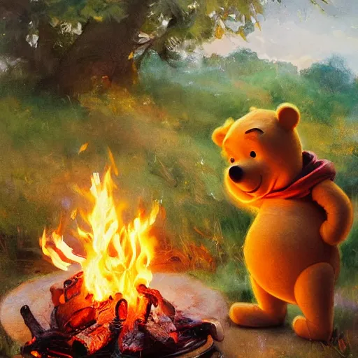 Image similar to close up of winnie the pooh spit roasting a whole pig over a fire, cinematographic shot, by daniel f. gerhartz