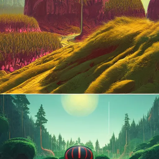 Image similar to beautiful digital artwork of a lush natural scene on an alien planet by simon stalenhag. extremely detailed. science fiction. interesting color scheme. beautiful landscape. weird vegetation. cliffs and water.