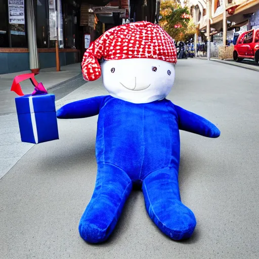 Prompt: blue'snappy gifts'human - sized plush doll, on sidewalk, giving gifts to people, happy atmosphere, high detail, soft lighting, 8 k