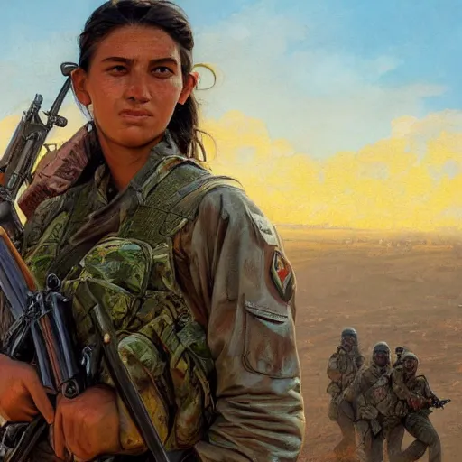 Image similar to beautiful YPJ soldier in the defense of Kobanî in the siege of Kobanî, detailed, centered, digital painting, artstation, concept art, donato giancola, Joseph Christian Leyendecker, Boris Vallejo, Breathtaking, 8k resolution, extremely detailed, beautiful, establishing shot, artistic, hyperrealistic, beautiful face, octane render