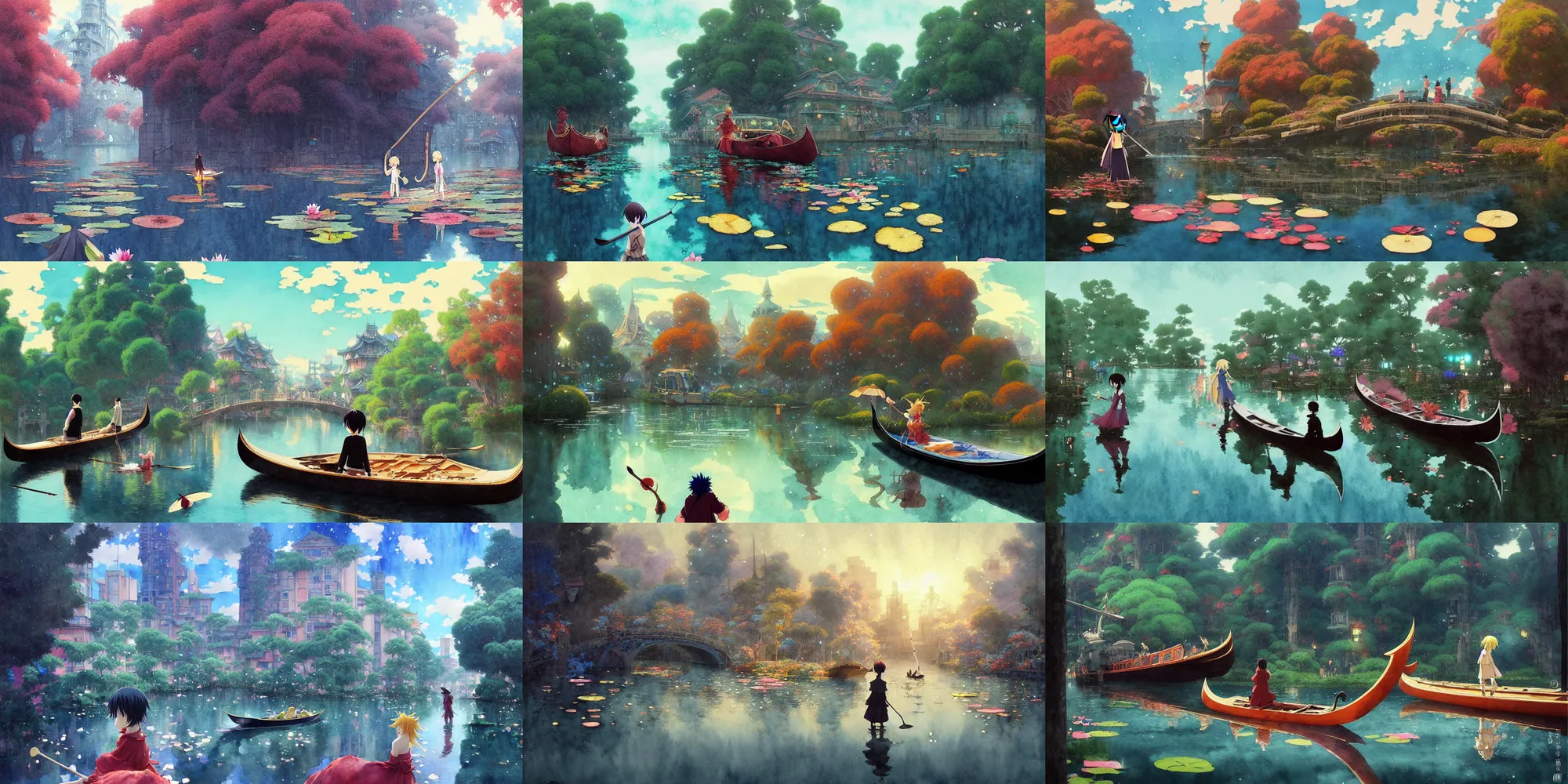Prompt: anime movie scene, characters, waterway, fantasy. gondola boat, amazing composition, colorful watercolor, lily pads, reflections, by ruan jia, by maxfield parrish, by koji morimoto, by hikari shimoda, by sparth, by zhang kechun, illustration, gloomy, colossal ant statues!!!!, winter