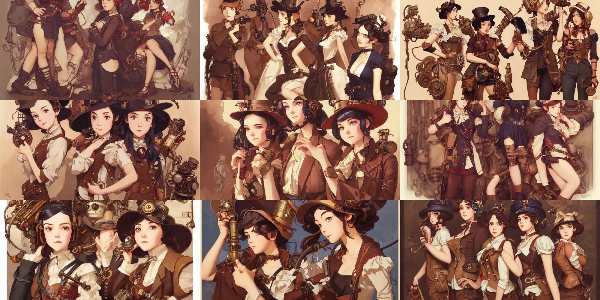 Prompt: steampunk, cute girls, in the style of studio ghibli, j. c. leyendecker, greg rutkowski, artgerm