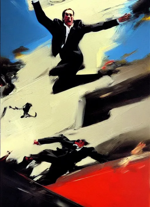 Prompt: slipping, saul goodman, screaming, slipping and flying, falling, flailing painting by phil hale, fransico goya,'action lines '!!!, graphic style, visible brushstrokes, motion blur, blurry