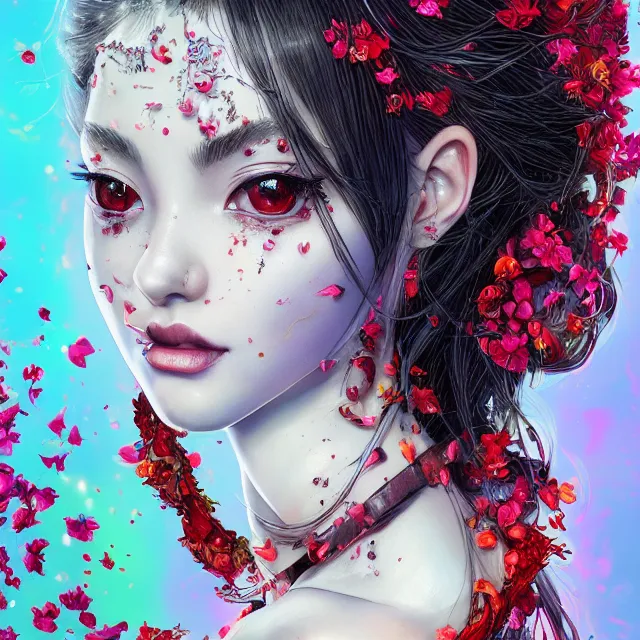 Image similar to studio portrait absurdly beautiful, elegant, lovely, young hypercolorful sensual anime woman rubies red petals gems, ultrafine hyperrealistic detailed face illustration by kim jung gi, irakli nadar, intricate linework, sharp focus, bright colors, matte, octopath traveler, final fantasy, unreal engine highly rendered, global illumination, radiant light, intricate rainbow environment