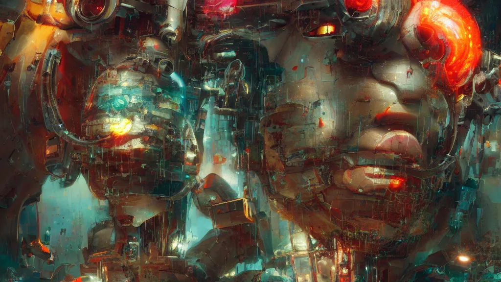 Image similar to a machine conjuring!!! an image!!! from of noise!!!, by john berkey, marc simonetti, and diego gisbert llorens, cinematic closeup!!, accurate facial details, colorful, intricate, chaotic, fantasy realism, hopeful, 8 k render, volumetric lighting