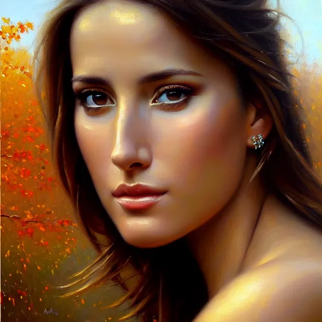 Image similar to stunning serene portrait of Ashley Adams by Mark Arian, oil on canvas, masterpiece, realism, piercing gaze, autumn bokeh