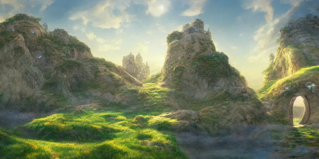 Image similar to lush and beautiful concept art for the shire, floating rocks, arabian castles, sand, golden sun, planets, lord of the rings, peter jackson, studio ghibli, detailed, realistic lighting, volumetric lighting, golden hour,