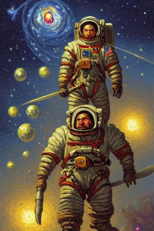 Prompt: classic oil painting, a short medieval fantasy dwarf that is wearing an astronaut suit, as a dnd character, surrounded by vibrant celestial objects, cottagecore, highly detailed, digital illustration, concept art, smooth, sharp focus, art by thomas kinkade, and brothers hildebrandt
