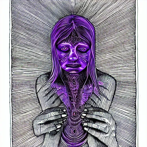 Image similar to an alex grey drawing, micron pen, black ink, a portal to another dimension, purple, portrait