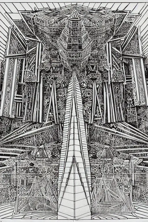 Prompt: a black and white drawing of an ancient temple, a detailed mixed media collage by hiroki tsukuda and eduardo paolozzi and moebius, intricate linework, sketchbook psychedelic doodle comic drawing, geometric, street art, polycount, deconstructivism, matte drawing, academic art, constructivism