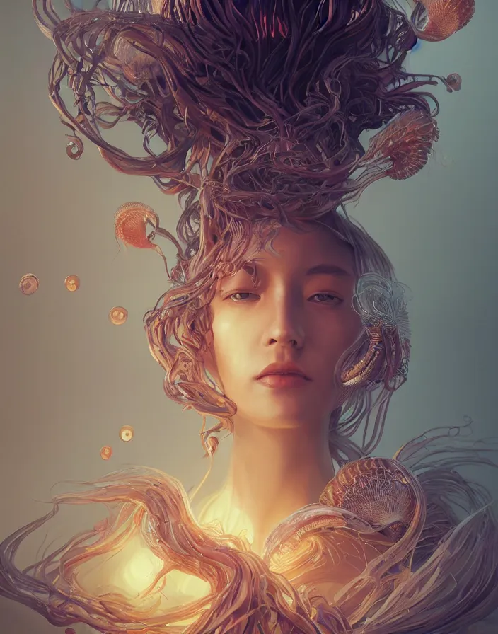 Image similar to goddess portrait. jellyfish phoenix head. intricate artwork by Tooth Wu and wlop and beeple. octane render, trending on artstation, greg rutkowski very coherent symmetrical artwork. cinematic, hyper realism, high detail, octane render, 8k