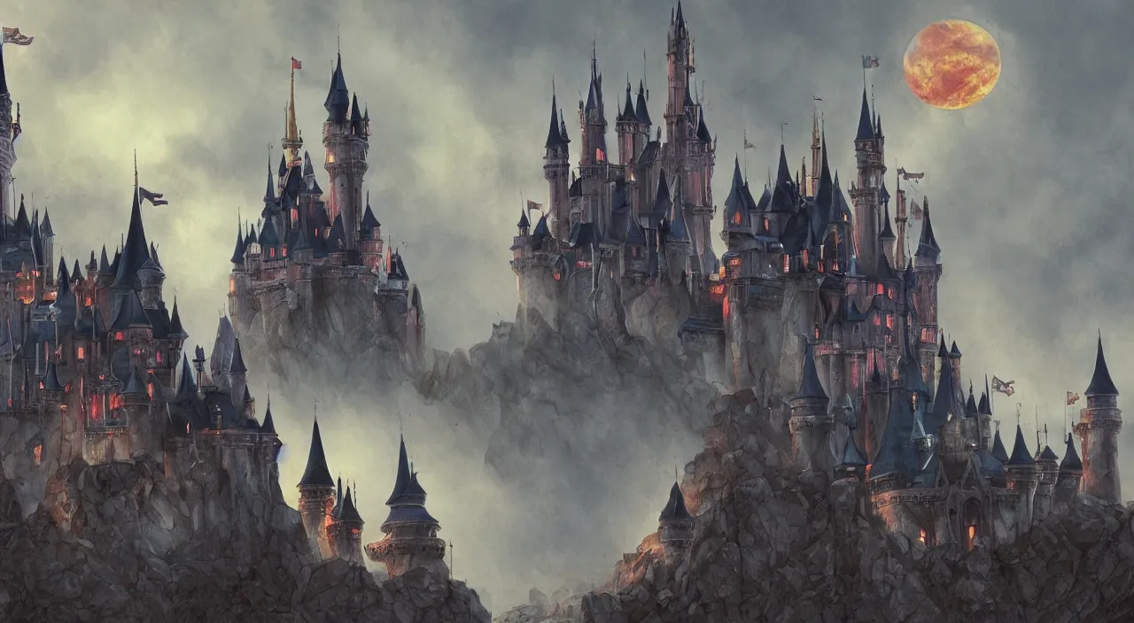 Prompt: disney fantasy castle. Jean-Baptiste Monge and Alex Ross a artwork of a gothic revival castle. fantasy castle, trending on artstation. mood lighting, battle, Castle Siege, fire and smoke, sunset