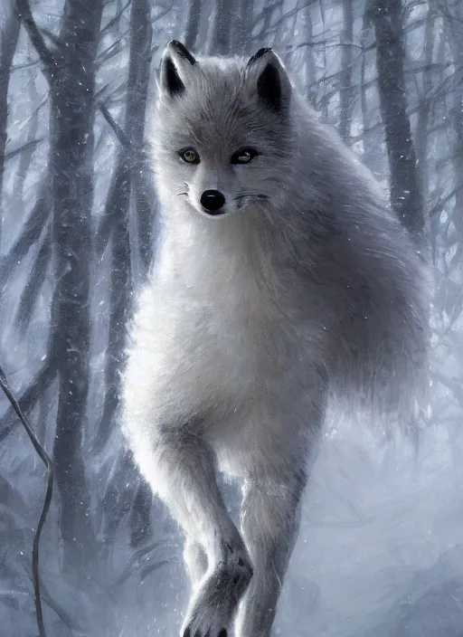 Image similar to character concept portrait of a bipedal Arctic Fox, dark fur, Paladin with in full metal armor with a sword and shield, a blizzard drifts through the forest behind her, intricate, elegant, digital painting, concept art, smooth, sharp focus, illustration, from Metal Gear, by Ruan Jia and Mandy Jurgens and William-Adolphe Bouguereau, Artgerm