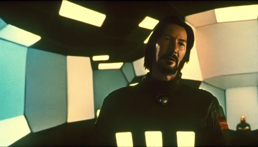 Image similar to 1 9 6 0 s movie still of keanu reeves, 2 0 0 1 a space odyssey, cinestill 8 0 0 t 3 5 mm, high quality, heavy grain, high detail, panoramic, cinematic composition, dramatic light, ultra wide lens, anamorphic, flares