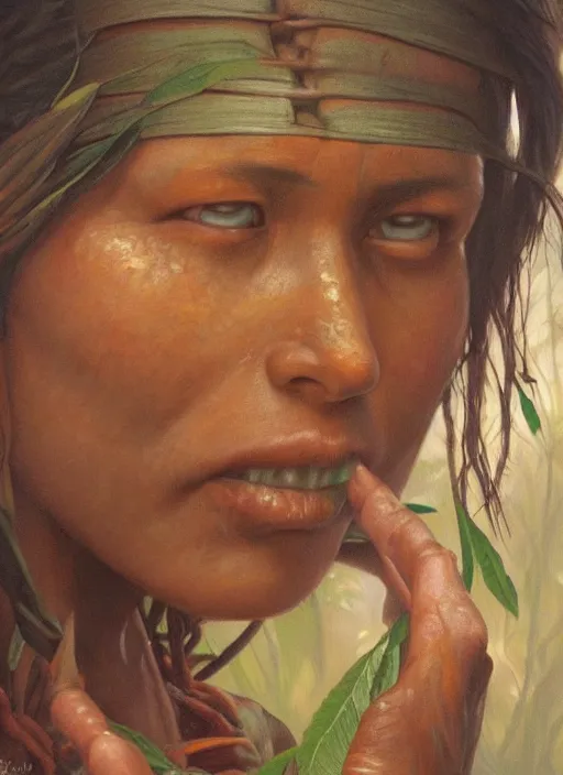 Image similar to a beautiful close up portrait of an indigenous woman harvesting medicinal plants in the jungle, highly detailed, art by christophe vacher