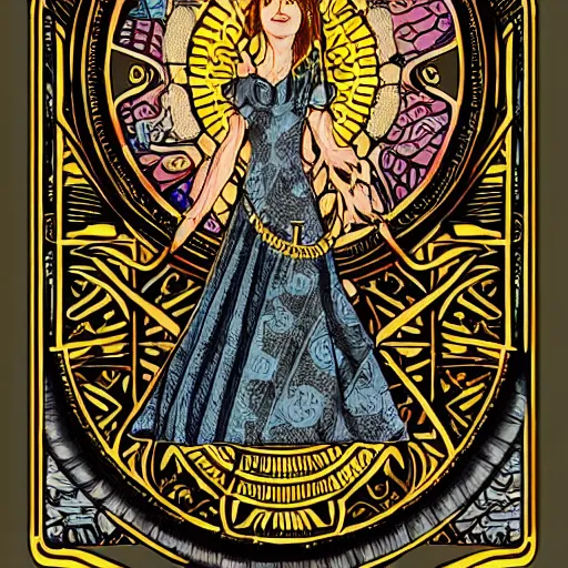 Image similar to tarot card style, lady luck on a tower, scales, sword, digital illustration, intricate, highly detailed, elegant, full color, cinematic lighting