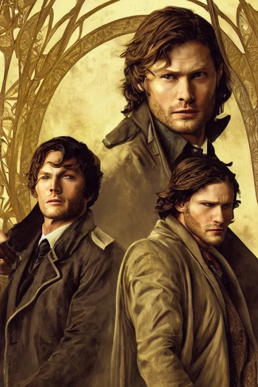 Image similar to a detailed matte portrait of jensen ackles and jared padalecki in a supernatural sherlock holmes story, masterpiece, 8 k, art by alphonse mucha and greg rutkowski