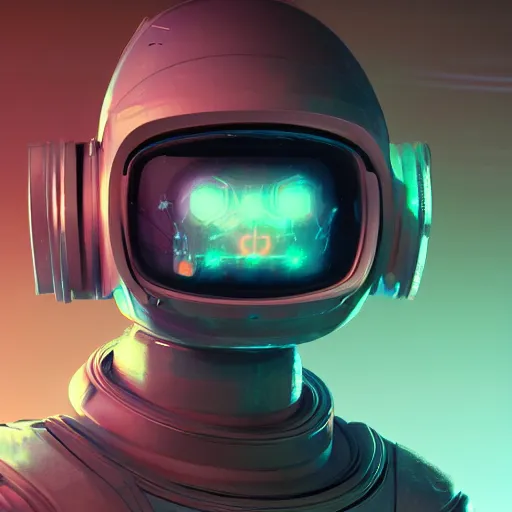 Image similar to cyberpunk astronaut bot, cinema 4 d, galaxy space sci - fi, wearing vr goggles, illustration, portrait, pastel neon textured background night, trending on artstation, greg rutkowski, octane rendered, 1 2 k, detailed,