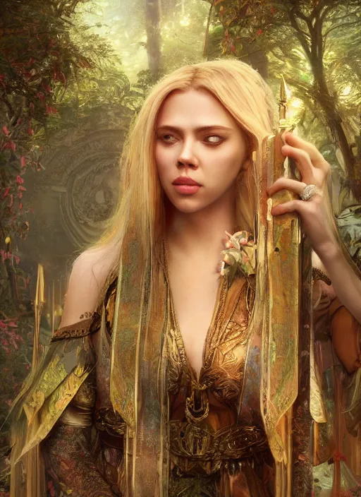 Prompt: Beautiful art portrait of scarlett johannson with long blonde hair, fantasy priestess in a bright temple surrounded by lush forest, atmospheric lighting, intricate detail, cgsociety, hyperrealistic, octane render, RPG portrait, ambient light, dynamic lighting