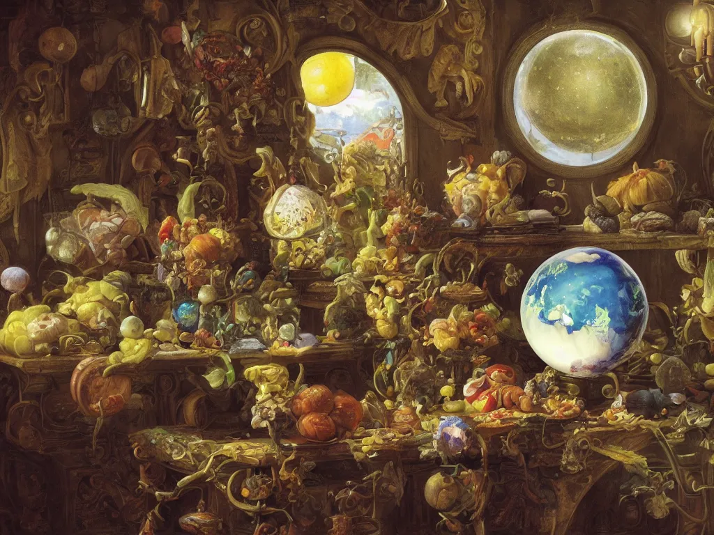 Image similar to 3 d render, sunlight study, the universe is a spheroid region 7 0 5 meters in diameter, art nouveau, by cornelis de heem and ( ( ( ( ( lisa frank ) ) ) ) ), 8 k, sharp focus, octane render