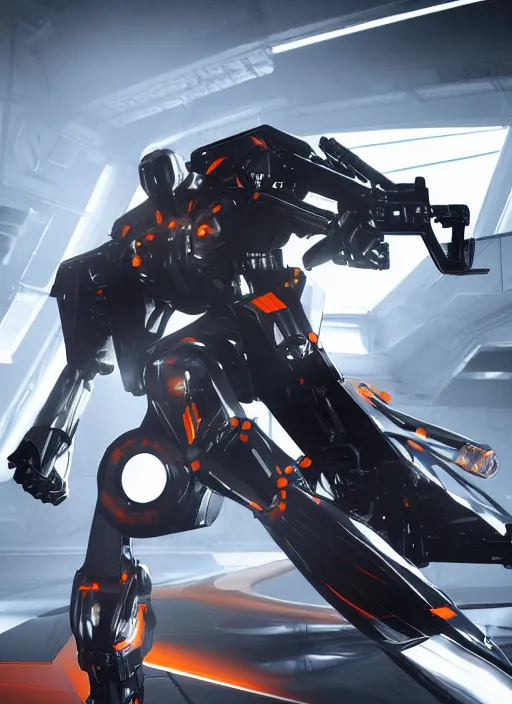 Image similar to a Photorealistic dramatic hyperrealistic full frame render of a Sleek futuristic exosuit Freedom Formula Racing Mech,Ultra realistic details,glossy white metal,Orange racing stripes,weathered surfaces,by Hidetaka Tenjin,Yoh Yoshinori,Yoji Shinkawa,Masamune Shirow,Beautiful dramatic dark moody tones and lighting,cinematic atmosphere,studio lighting,shadows,dark background, Octane render,8K