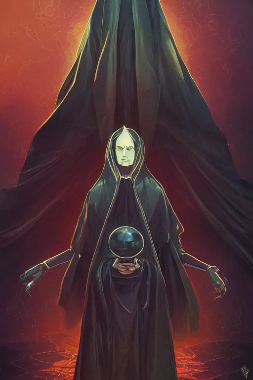 Prompt: worshipper of the dark arts here for the madness, donned in an ebony cloak, digital painting, artstation, ristan Eaton, victo ngai, artgerm, RHADS, ross draws, anime styled