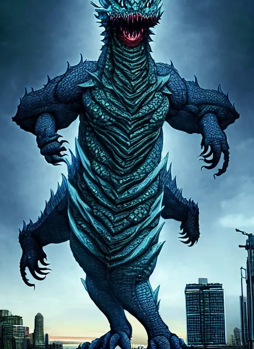 Prompt: artgerm, giant Kaiju dragon monster, god, tiny woman staring up at the Kaiju, expansive, symmetrical, unearthly, 8k, wide-shots, ginormous, horror, looming over city