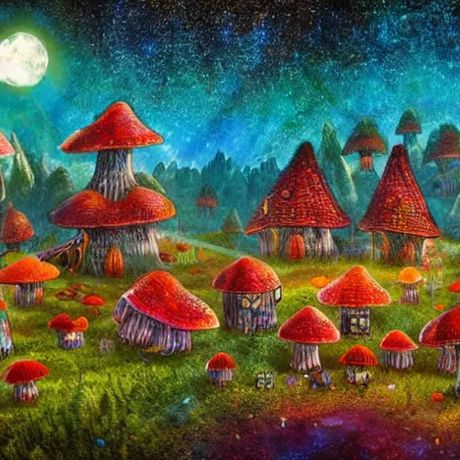 Image similar to colorful village made of mushrooms connected by a vast mycelial network, dreamy landscape, prismatic lighting