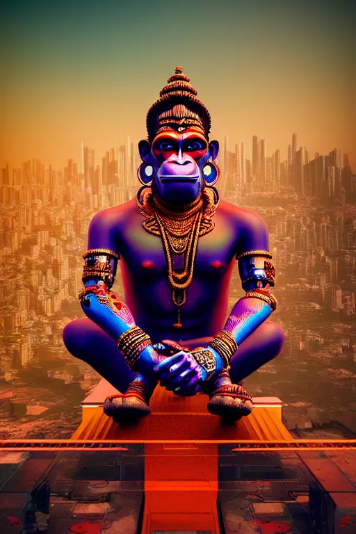 Image similar to high quality 3 d render colorful post - modern cyborg! hanuman sitting, gold madhubani, highly detailed, cyberpunk!! mumbai in the background, vray cinematic smooth, liam wong, moody light, low angle, uhd 8 k, sharp focus