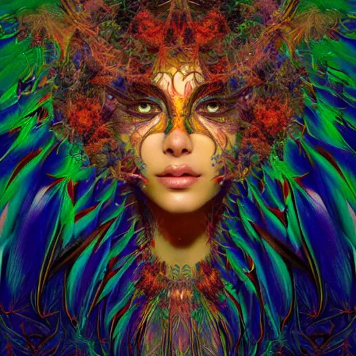 Image similar to A reality bending psychedelic ayahuasca experience in semi darkness with many fire flies, colorful, distorted, surreal, tropical bird feathers, dramatic lighting on the face, intricate, elegant, highly detailed, digital painting, concept art, smooth, sharp focus, illustration, art by Krenz Cushart and Wayne Barlowe and alphonse mucha