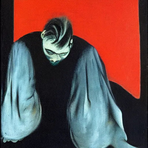 Image similar to sadness personified, by francis bacon, oil on canvas, german expressionism