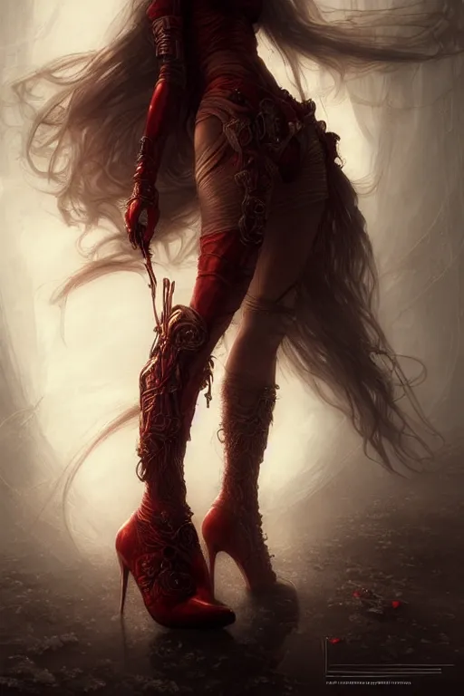 Image similar to red women's boots, shoes only, by wlop, by luis royo, by peter mohrbacher, concept art, digital illustration, intricate, masterpiece, elegant, super detailed, unreal engine rendering, smooth, sharp focus, artstation hq