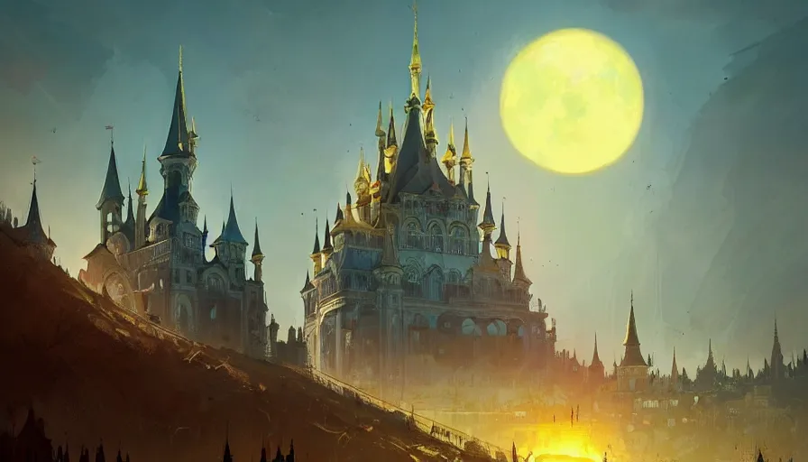 Prompt: ismail inceoglu and jama jurabaev's concept art, cel shadows, film shooting, trends on artstation, high quality, brush strokes, bright colors, incomparably magnificent golden gothic castle palace complex, a huge golden eclipse halo. ghibli, ring of mecha, extremely beautiful, magnificent perspective lens