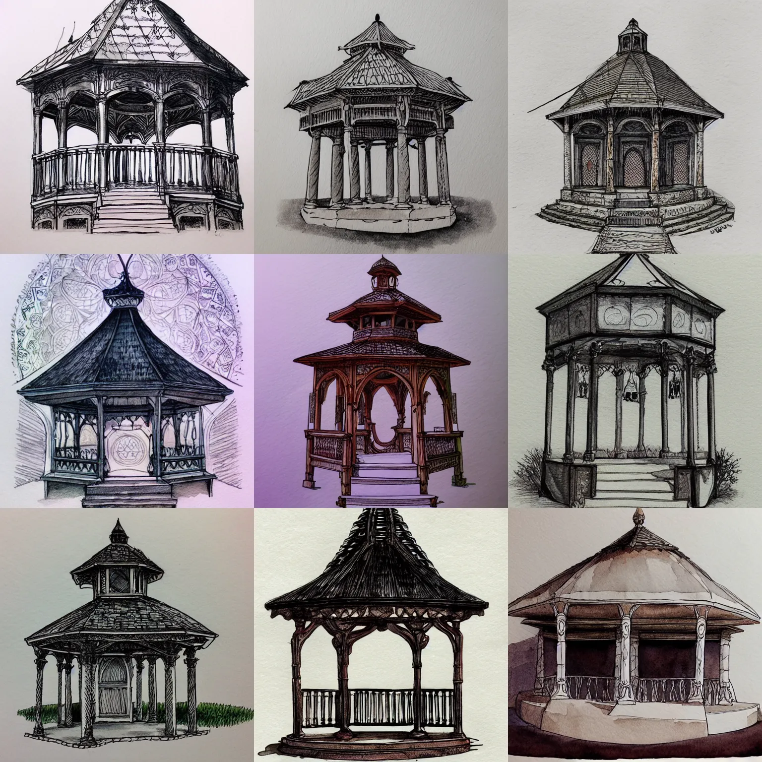 Prompt: beautiful aesthetic inspirational masterful professional ink pen and watercolor sketch of an occult mystic gazebo, ultra detailed, fine details, trending on artstation, high quality paper