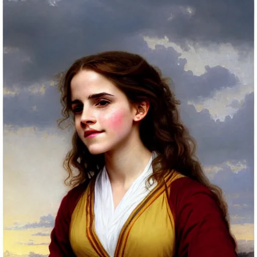 Image similar to Painting of Emma Watson as Hermione Granger. Wearing Hogwarts!!! robes!!!. Smiling. Happy. Cheerful. Art by william adolphe bouguereau. During golden hour. Extremely detailed. Beautiful. 4K. Award winning.