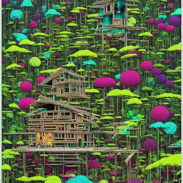 Image similar to tiny house by kengo kuma on island sea cloud surreal art by geof darrow jason naylor, very coherent, sharp, colorful high contrast, dark shadows, hard lighting, floralpunk flower green plants garden, inking etching screen print, hd, 8 k hyper detailed, octane render