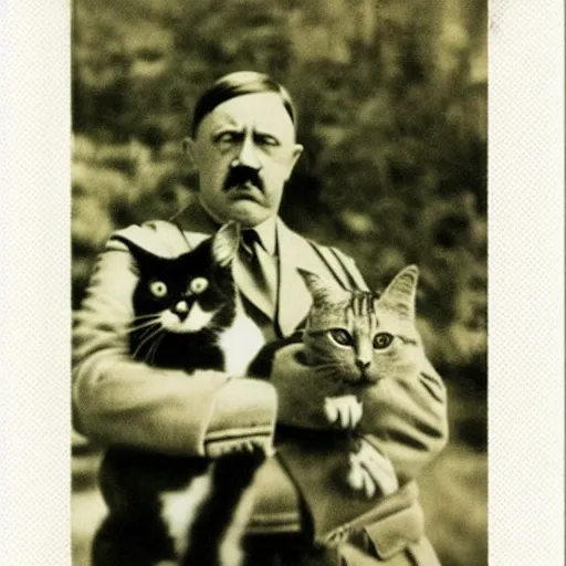 Image similar to polaroid of hitler holding a cat, dramatic backlighting