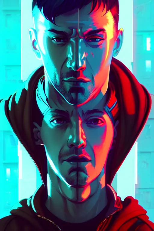 Prompt: cyberpunk synth, hyper - realistic portrait of a man in a white and red hoodie, cyberpunk, by atey ghailan, by greg rutkowski, by greg tocchini, by james gilleard, by joe fenton, by kaethe butcher, dynamic lighting, gradient light blue, brown, neon cinematic lighting color scheme, sharp focus, grunge aesthetic