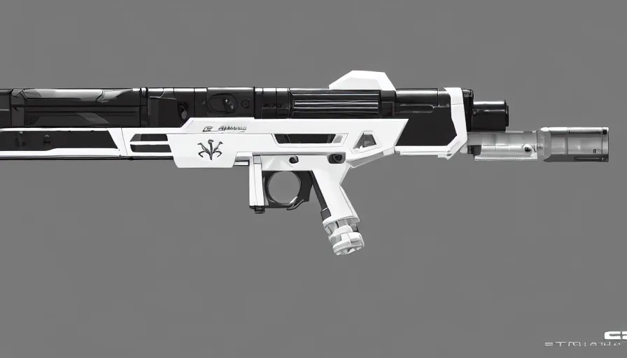 Prompt: extremely detailed realistic side view of a sci fi laser machine gun, detailed trigger, chemically propelled, pattery powered, smooth streamline, battery and wires, railgun, tribarrel, gauss, elegant sleek smooth body, white paint, smooth utopian design, ultra high quality, minimalist, octane, cod, destiny, warframe, terminator