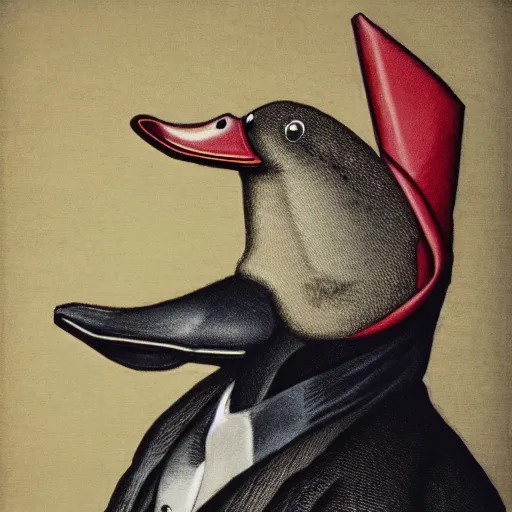 Image similar to a high detail photo of an antropomorphic duck wearing a suit, subject= duck, subject detail: wearing a suit, photorealism