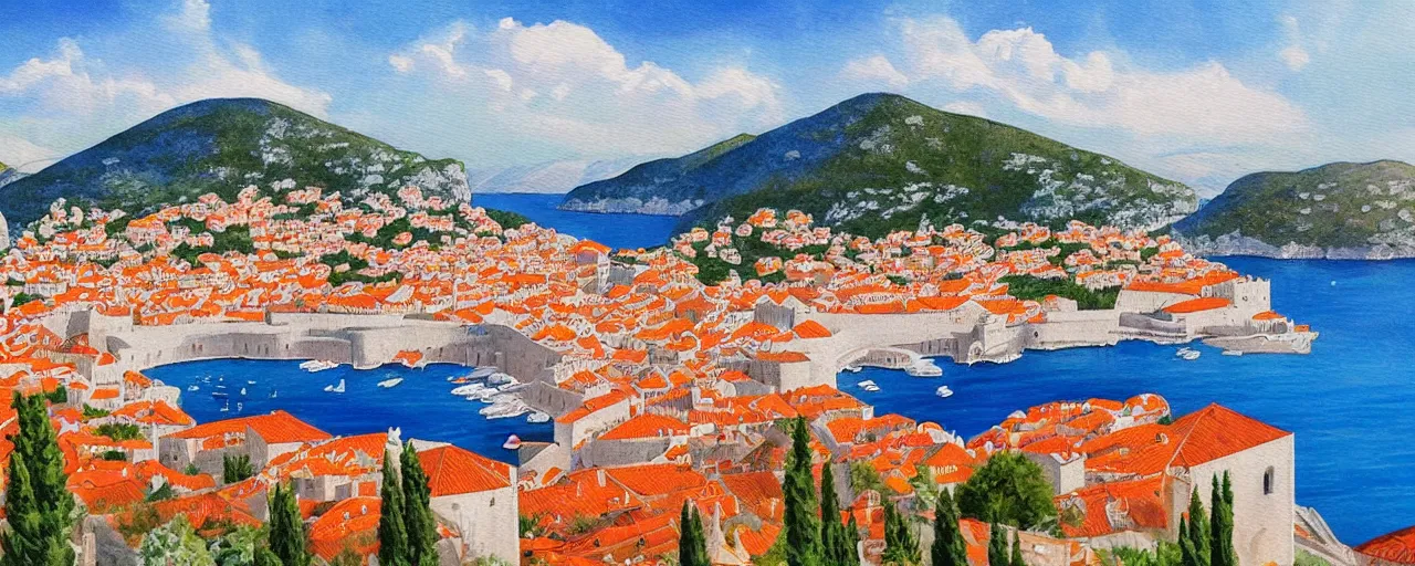 Prompt: a painting of dubrovnik in the style of svjetlan junakovic