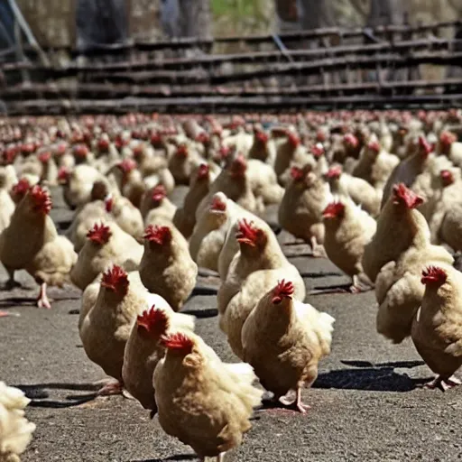 Prompt: an army of chickens with helmets marching with their guns